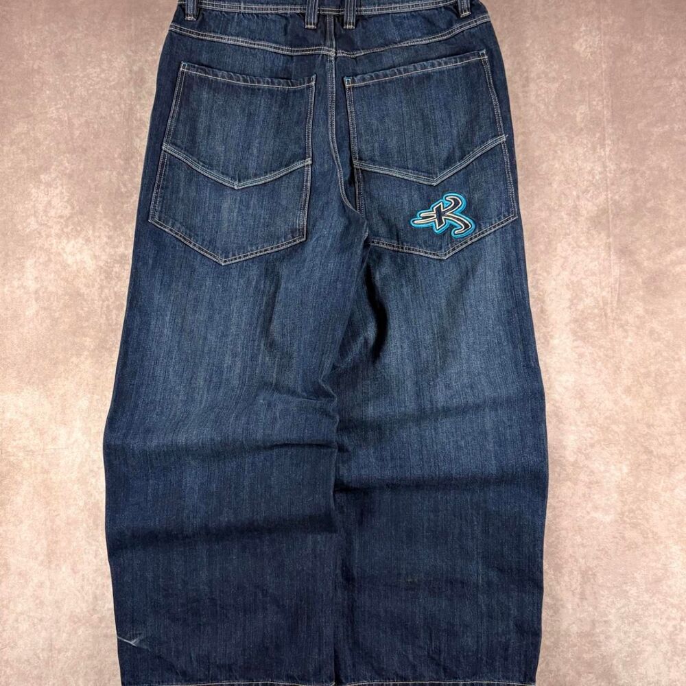kikwear y2k dark wash super baggy 13 inch leg opening embroidered jeans